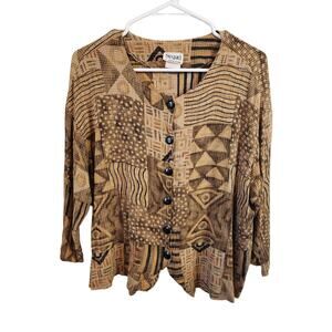 VTG SEQUEL BY SHARON ANTHONY 3/4 Slv Button Up Brown Print Hi-Low Hem Women SZ L